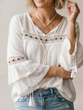 POL White Boho Peasant Blouse - Embellished Tassel Top - Size M